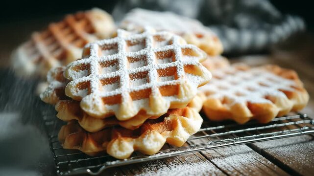 Waffles stacked on a cooling rack with powdered sugar in a cozy kitchen setting during breakfast hours