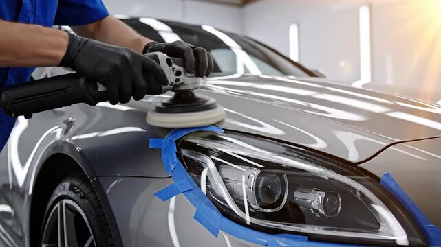 Professional worker polishing car paint with machine for smooth glossy finish automotive detailing service workshop