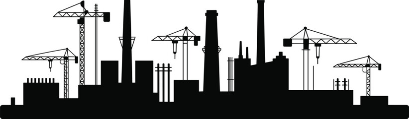Naklejka premium Silhouette of industrial construction site with cranes, smokestacks, and buildings, representing urban development, infrastructure growth, and heavy machinery in active progress.