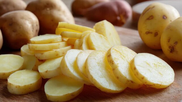 Sliced yellow potatoes on a wooden board alongside whole potatoes with different skin types in a simple kitchen setting