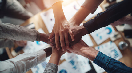 Obraz premium Successful collaboration concept with multi-ethnic group joining hands in circle to celebrate achievement in office.