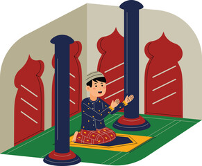 Man Praying in a Mosque Vector Illustration