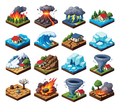 Isometric cartoon natural disaster icon set featuring wildfires, floods, volcanic eruptions, and tsunamis for environmental warnings