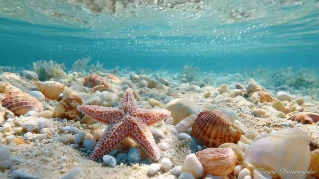 Underwater scene shows colorful starfish among various shells and sand at a tropical beach during daylight
