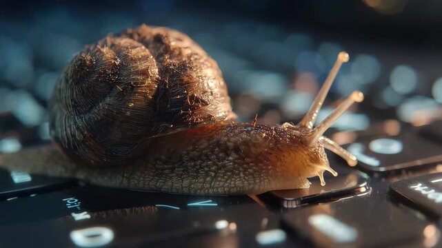 Snail crawls slowly across a black keyboard at night with soft light reflecting on its shell