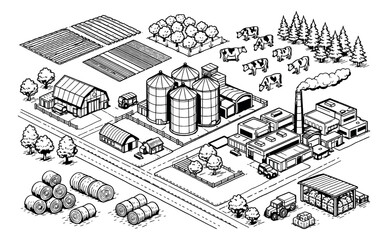 Obraz premium Isometric hand drawn line art illustration of a rural and industrial area depicting agricultural and industrial processes for economic concepts
