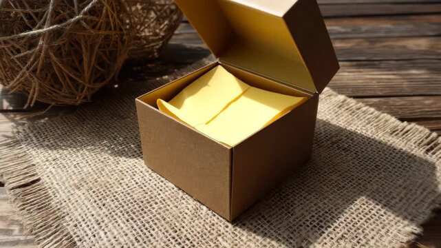 Small brown gift box placed on a textured fabric surface beside twine decoration in a well-lit setting