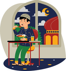 Man Eating Food at Night Near Mosque Vector Illustration