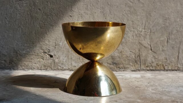 Metal cup placed on a stone surface in natural light with shadows creating patterns during the day