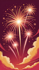 Vibrant illustration of golden fireworks exploding against a deep red background with stylized clouds and floral elements, perfect for celebrations.