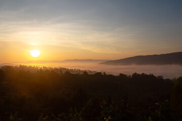 Golden sunrise over tropical forest with sea of mist, beautiful mountain landscape in morning light, warm orange sun rays glowing through fog, peaceful nature background for travel and wellness.