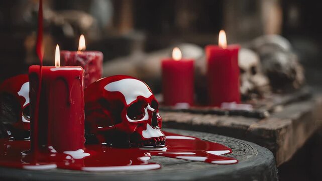 Skulls and red candles on a dark table in a dimly lit room during evening hours