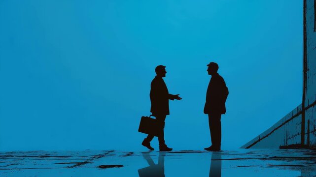 Two men stand in silhouette talking with briefcase in hand in a blue space during evening or night