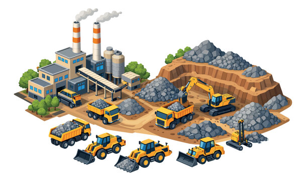 Isometric illustration mining and processing plant set featuring heavy machinery and raw materials for industrial production