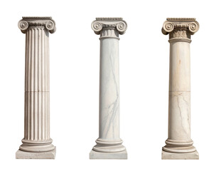 Three classical columns with ornate capitals isolated against black