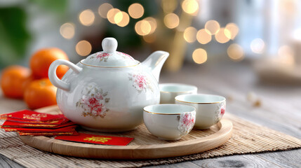 Fototapeta premium Chinese new year celebration with porcelain teapot and traditional tea set