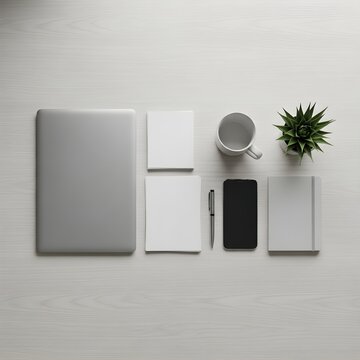 Minimalist workspace setup with laptop notebook phone and succulent plant on white desk