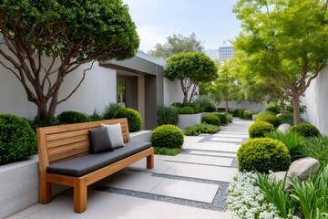 Modern garden design with wooden bench and lush plants