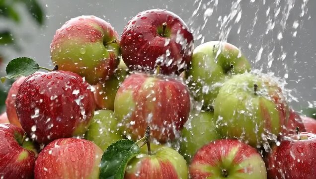 Freshly harvested red and green apples being rinsed with clean splashing water for food prep.