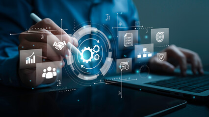 Naklejka premium Businessman developing digital automation system and AI workflow optimization, Concept of process management, operational efficiency, business technology, and digital transformation strategy