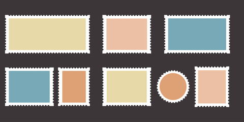A set of colored blank postage stamps on a dark background. Retro-style frames. Isolated text areas. Vector.