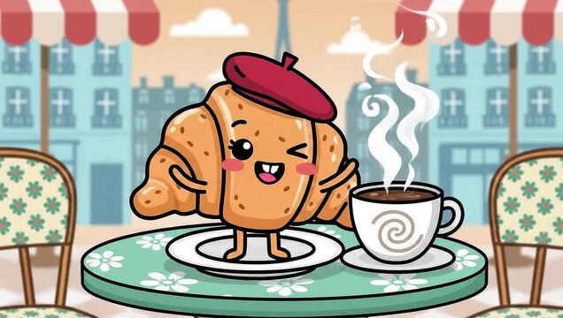 Cute Croissant Character Enjoying Coffee in Paris Cafe.