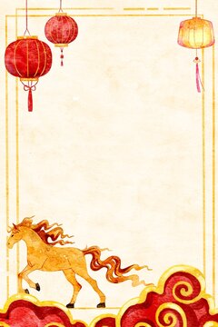 Chinese new year frame background with horse and lantern. Watercolor wallpaper suitable for banner.