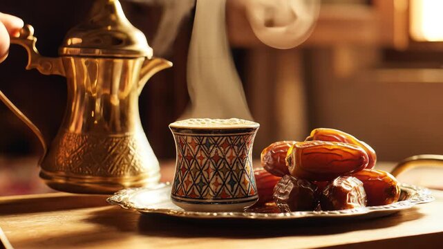 Pouring Arabic Coffee from Dallah with Dates Arabian Tradition