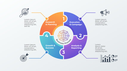 Business Process Cycle Infographic with 4 Steps for Success. Vector illustration. Process cycle infographic with distinct segments for strategy and growth.