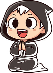 Obraz premium Cute cartoon boy character wearing black hooded robe kneeling and praying, happy little monk or wizard mascot, isolated vector illustration