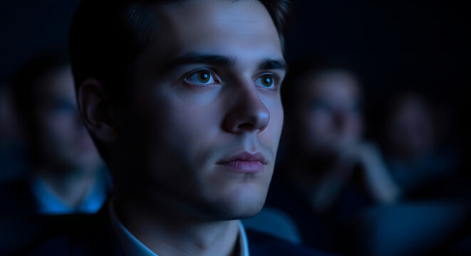 Young Man Focused Intense Gaze Watching Something Intriguing.