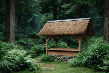 Rustic thatched roof gazebo in lush forest setting