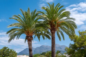 Tall palm trees standing in tropical mountain landscape