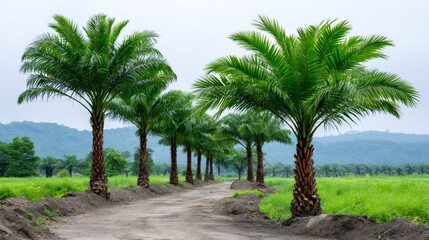Obraz premium Oil palm trees lining dirt road in plantation