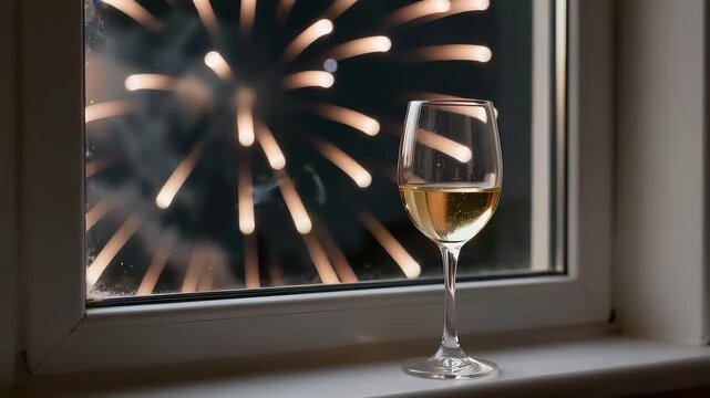 Wine glass on windowsill with fireworks exploding outside at night
