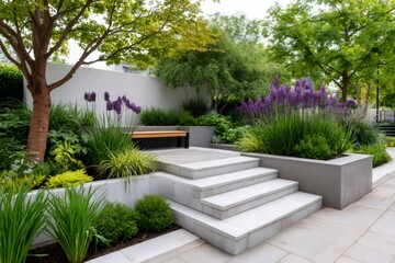 Modern garden design featuring stone stairs and purple flowers