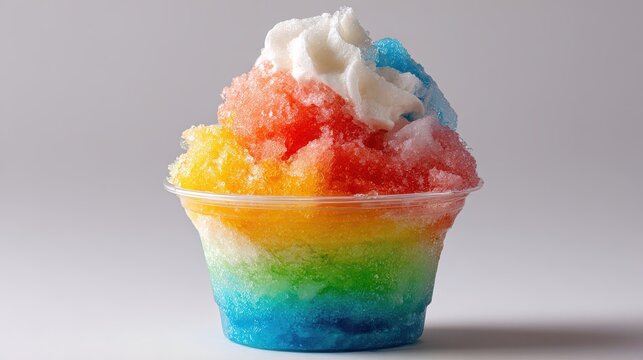 Colorful snow cone with layers of flavor and whipped cream served in a clear cup at a summer fair