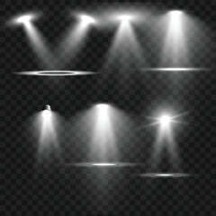 Realistic White Stage Spotlights and Light Beam Effects Set on Transparent Background. Vector