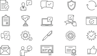 Fototapeta premium Minimal line icon set of approval, verification and quality assurance concepts including checkmarks, certificates, security, confirmation and business validation symbols