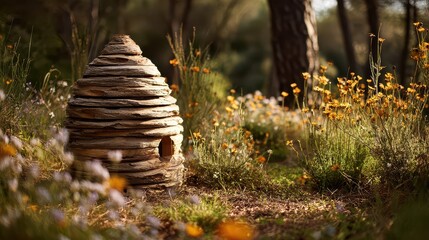 Obraz premium Beehive stands among wildflowers in a sunlit garden during the afternoon hours
