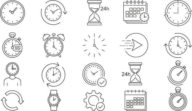 Minimal line icon set of time management and scheduling concepts including clocks, timers, deadlines, calendars, countdowns and productivity planning symbols