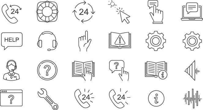 Minimal line icon set of customer support and help service concepts including hotline, FAQ, assistance, call center, information and technical support symbols