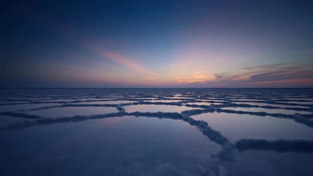 Frozen Arctic Landscape with Cracked Ice Surface at Sunset with Dramatic Lighting