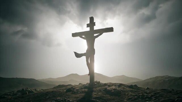 Man on cross in storm. Crucifixion of Christ with lightning strike for religious biblical event. Good friday concept.