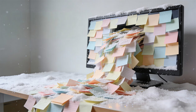 Office desk with computer monitor covered in sticky notes spilling like avalanche onto snowy workspace concept of information overload task chaos deadlines and burnout