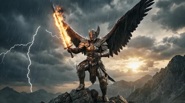 Angel warrior in armor with fiery sword on mountain during lightning storm. Powerful fantasy creature with large wings, action concept.