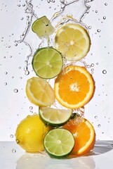 Fresh citrus fruits splash with lemons, limes and oranges in water droplets on white background. Vibrant wellness food portrait, copy space, fresh aesthetic.