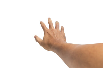 first person perspective of man hand reaching out something isolated on white background © Dadan