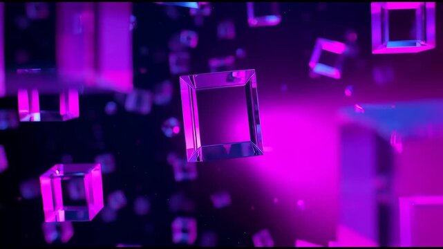 Abstract flying glass cubes with neon purple lighting. 3D geometric square shapes floating in dark space. Transparent crystal block background with bokeh. Abstract. Cube. Glass. Neon. 3D