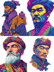 Fototapeta premium Stylized portraits of men wearing traditional headwear and garments, rendered in vibrant pop art colors with cultural influence and expressive digital illustration style.